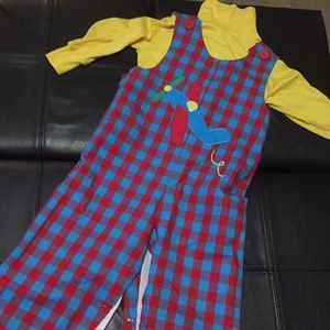 Blue, Red checkered Overall set;Yellow turtleneck